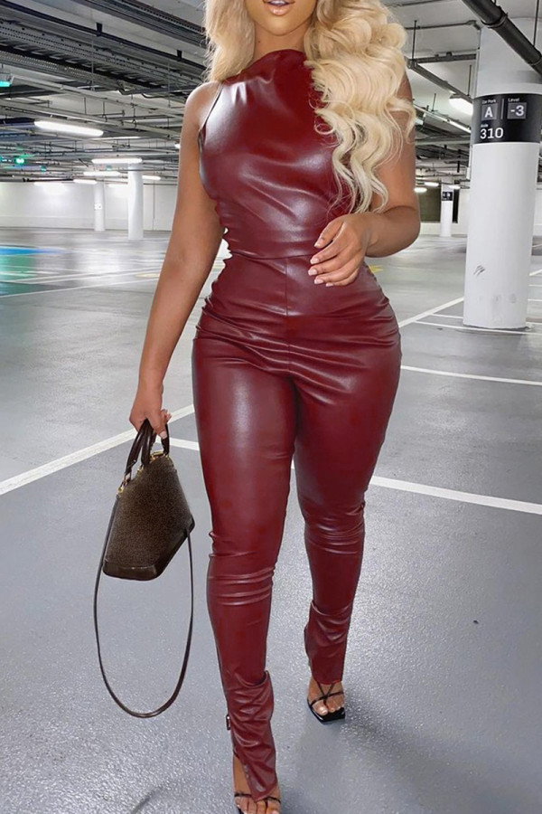 Brown Fashion Casual Solid Slit O Neck Skinny Jumpsuits