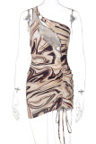 Brownness Sexy Print Hollowed Out Draw String One Shoulder One Step Skirt Dresses