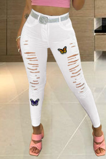 White Street Ripped Embroidered Split Joint High Waist Denim Jeans