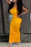 Yellow Fashion Sexy Solid Hollowed Out Backless One Shoulder Sleeveless Dress Dresses