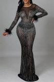 Black Fashion Sexy Patchwork Hot Drilling See-through O Neck Evening Dress
