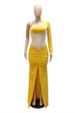 Blue Fashion Sexy Patchwork Hot Drilling See-through Slit Oblique Collar Evening Dress