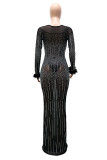Black Fashion Sexy Patchwork Hot Drilling See-through O Neck Evening Dress