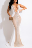 White Fashion Sexy Patchwork Hot Drilling See-through Backless Spaghetti Strap Evening Dress Dresses