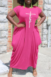 Pink Casual Print Split Joint Asymmetrical O Neck Short Sleeve Dress Plus Size Dresses