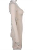 Apricot Fashion Sexy Solid Bandage Backless O Neck Long Sleeve Dresses