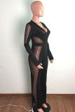 Black Fashion Sexy Patchwork See-through V Neck Regular Jumpsuits