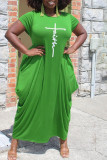Army Green Casual Print Split Joint Asymmetrical O Neck Short Sleeve Dress Plus Size Dresses