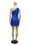 Champagne Fashion Sexy Patchwork Hollowed Out Sequins Backless One Shoulder Sleeveless Dress