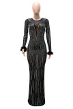 Black Fashion Sexy Patchwork Hot Drilling See-through O Neck Evening Dress