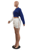 Blue Fashion Casual Patchwork Solid Bandage O Neck Long Sleeve Two Pieces