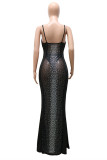 White Fashion Sexy Patchwork Hot Drilling See-through Backless Spaghetti Strap Evening Dress Dresses