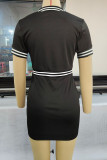 Black Casual Solid Split Joint Zipper Zipper Collar One Step Skirt Dresses