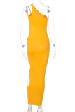 Yellow Fashion Sexy Solid Hollowed Out Backless One Shoulder Sleeveless Dress Dresses