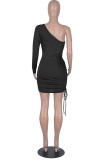 Black Fashion Sexy Solid Hollowed Out Draw String Oblique Collar Sleeveless Dress Dresses