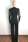 Black Fashion Sexy Patchwork See-through V Neck Regular Jumpsuits