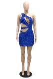 Champagne Fashion Sexy Patchwork Hollowed Out Sequins Backless One Shoulder Sleeveless Dress