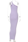Purple Fashion Sexy Solid Hollowed Out Backless One Shoulder Sleeveless Dress Dresses