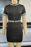 Black Casual Solid Split Joint Zipper Zipper Collar One Step Skirt Dresses