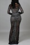 Black Fashion Sexy Patchwork Hot Drilling See-through O Neck Evening Dress