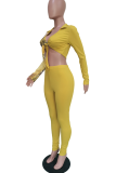 Yellow Sexy Leopard Split Joint V Neck Long Sleeve Two Pieces
