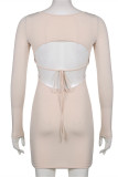 Apricot Fashion Sexy Solid Bandage Backless O Neck Long Sleeve Dresses
