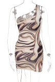 Brownness Sexy Print Hollowed Out Draw String One Shoulder One Step Skirt Dresses