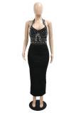 White Fashion Sexy Patchwork Backless Slit Beading Halter Sleeveless Dress