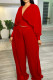 Red Fashion Casual Solid See-through V Neck Long Sleeve Two Pieces