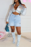 Deep Blue Fashion Casual Solid Ripped Regular High Waist Conventional Solid Color Plus Size Denim Shorts