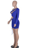 Royal Blue Fashion Sexy Solid Hollowed Out Draw String Oblique Collar Sleeveless Dress Dresses