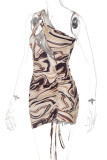 Brownness Sexy Print Hollowed Out Draw String One Shoulder One Step Skirt Dresses