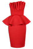 Red Sexy Solid Patchwork Flounce Fold Asymmetrical Strapless Dresses