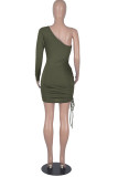 Army Green Fashion Sexy Solid Hollowed Out Draw String Oblique Collar Sleeveless Dress Dresses