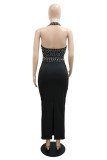 White Fashion Sexy Patchwork Backless Slit Beading Halter Sleeveless Dress