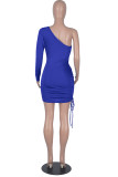 Blue Fashion Sexy Solid Hollowed Out Draw String Oblique Collar Sleeveless Dress Dresses