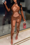 Black Sexy Solid Patchwork See-through O Neck Regular Jumpsuits