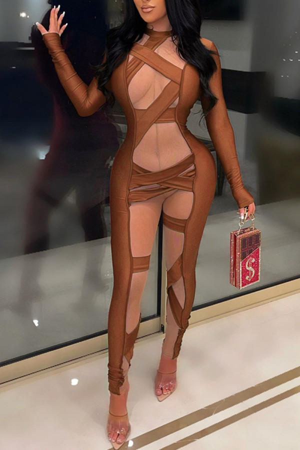 Brown Sexy Solid Patchwork See-through O Neck Regular Jumpsuits
