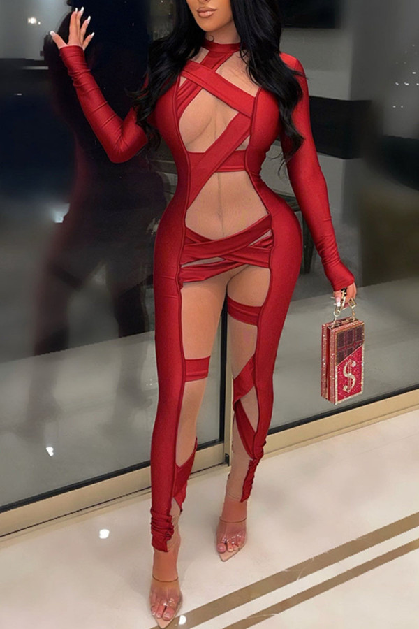 Burgundy Sexy Solid Patchwork See-through O Neck Regular Jumpsuits