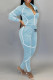 Light Blue Fashion British Style Print Patchwork Turndown Collar Long Sleeve Two Pieces
