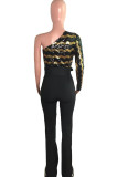 Gold Fashion Sexy Patchwork Sequins Backless Oblique Collar Regular Jumpsuits