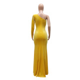 Blue Fashion Sexy Patchwork Hot Drilling See-through Slit Oblique Collar Evening Dress