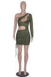 Army Green Fashion Sexy Solid Hollowed Out Draw String Oblique Collar Sleeveless Dress Dresses