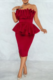 Red Sexy Solid Patchwork Flounce Fold Asymmetrical Strapless Dresses