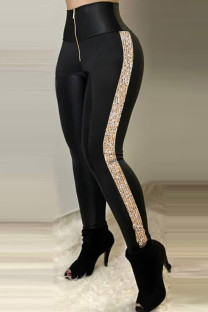 Black Fashion Casual Patchwork Sequins Skinny High Waist Pencil Trousers