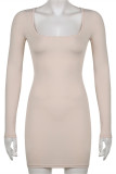 Apricot Fashion Sexy Solid Bandage Backless O Neck Long Sleeve Dresses