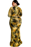 Yellow Sexy O Neck HOLLOWED OUT Print Pattern