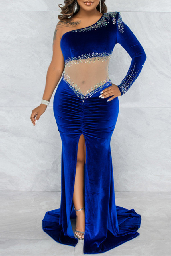 Blue Fashion Sexy Patchwork Hot Drilling See-through Slit Oblique Collar Evening Dress
