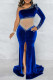 Blue Fashion Sexy Patchwork Hot Drilling See-through Slit Oblique Collar Evening Dress