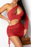 Burgundy Fashion Sexy Solid Hollowed Out Draw String Oblique Collar Sleeveless Dress Dresses